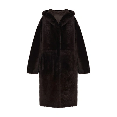 Yves Salomon Shearling Hooded Coat In Marron