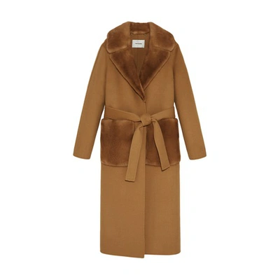 Yves Salomon Belted Cashmere Coat With Mink Collar And Over-pockets In Beige