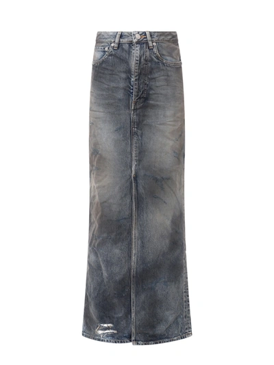 Balenciaga Faded Maxi Denim Skirt In Blu