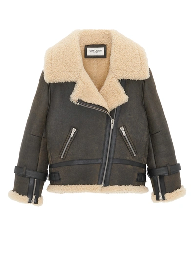 Saint Laurent Shearling And Leather Aviator Jacket In Brown