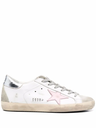Golden Goose Super-star Leather Upper And Star Suede Toe And Spur Laminated Heel Metal Lettering In White Ice Orchid Pink Silver