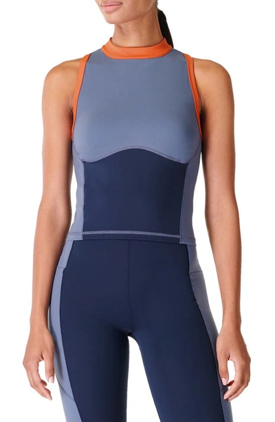 Sweaty Betty Power Zip Back Color Block Top In Endless Blue