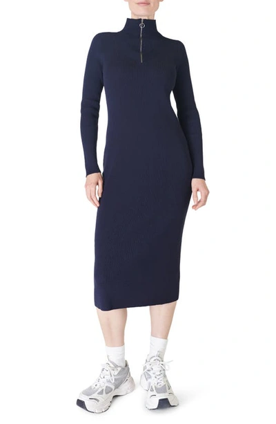 Sweaty Betty Frame Half-zip Long Sleeve Rib Midi Dress In Navy Blue