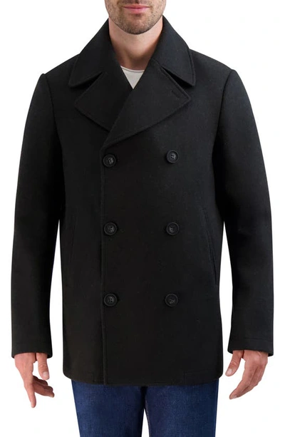 Cole Haan Stretch Regular Fit Double Breasted Peacoat In Black