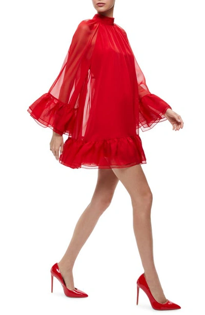 Alice And Olivia Erna Sheer Long Sleeve Swing Minidress In Perfect Ruby
