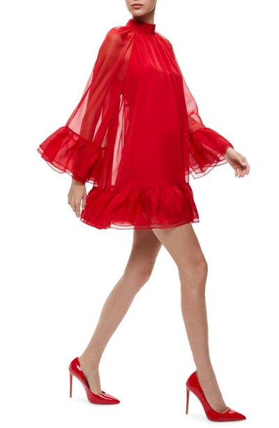 Alice And Olivia Erna Sheer Long Sleeve Swing Minidress In Perfect Ruby |  ModeSens