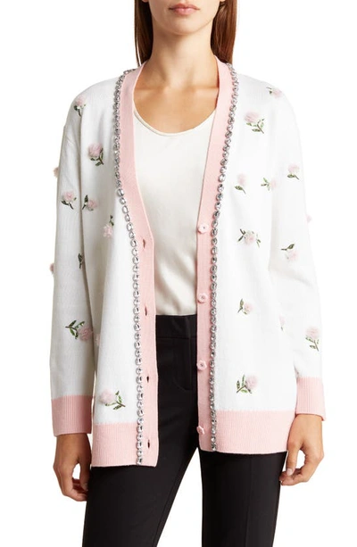 Alice And Olivia Bradford Flower Embroidered Embellished Grandpa Cardigan In White