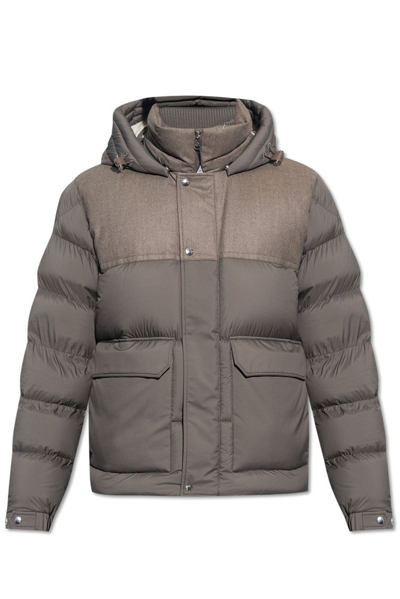 Moncler Mussala Logo-appliquéd Flannel And Quilted Shell Down Hooded Jacket In Neutrals