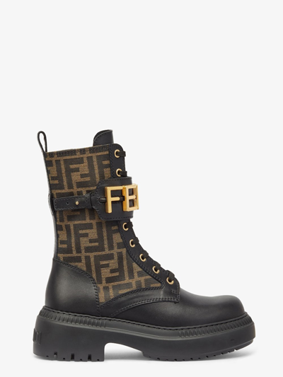 Fendi Graphy Ankle Boots In Leather And Fabric With Ff Jacquard Monogram In Black