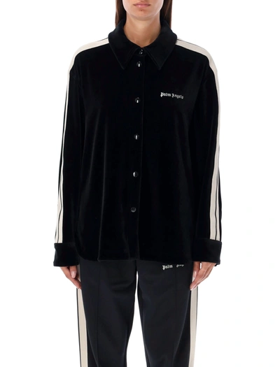 Palm Angels Embroidered Striped Stretch Cotton-blend Velvet Shirt In Black