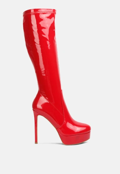 London Rag Shawtie High Heeled Stretch Patent Calf Boots In Red