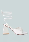 London Rag Primavera Ruched Strap Triangular Heel Lace Up Sandal In White