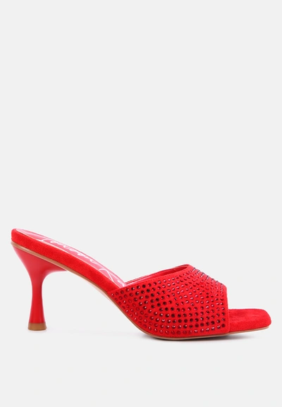 London Rag Imprint Diamante Stud Slip On Sandals In Red