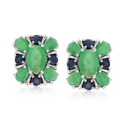 Ross-simons Emerald And . Sapphire Cluster Earrings In Sterling Silver In Green