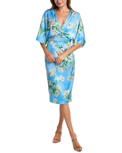 Theia Liana Pleated Floral-print Kimono Dress In Blue