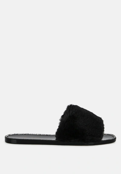 London Rag Geese Faux Fur Diamante Detail Jelly Flats In Black