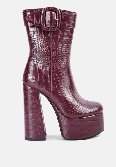 London Rag Bumpy Croc High Block Heeled Chunky Ankle Boots In Burgundy