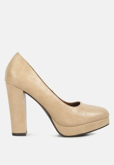 London Rag Whitley Croc Texture High Block Heel Pumps In Beige