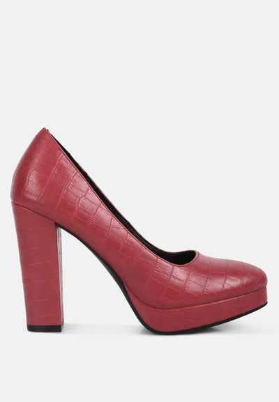 London Rag Whitley Croc Texture High Block Heel Pumps In Red