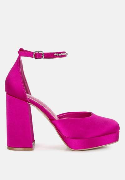 London Rag Hettie Satin Rhinestone Embellsihed Strap Platform Heels In Pink