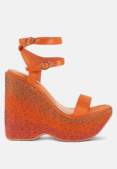 London Rag Richness Rhinestones Embellished Ultra High Wedge Sandals In Orange