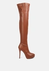 London Rag Noire Thigh High Long Boots In Patent Pu In Brown