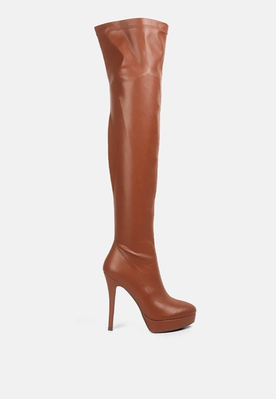 London Rag Noire Thigh High Long Boots In Patent Pu In Brown