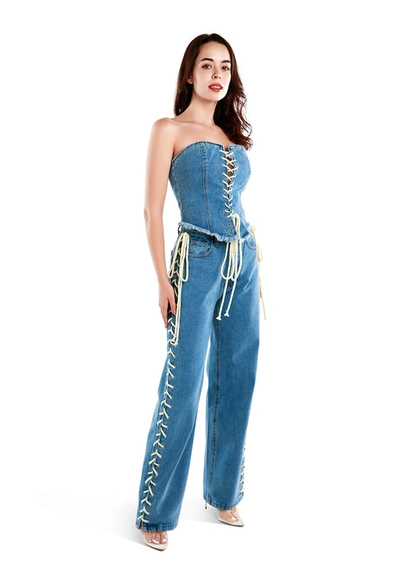 London Rag Lace Up Denim Trousers In Blue