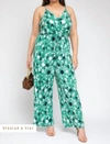 GILLI PLUS SURPLICE ELASTIC WAIST JUMPSUIT IN GREEN IVORY FLOWERS