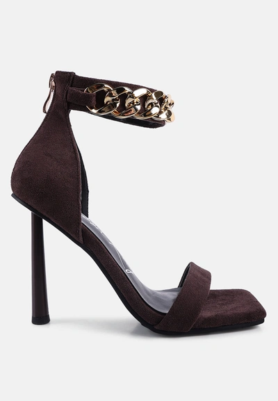 London Rag Last Sip Heeled Faux Suede Chain Strap Sandals In Brown