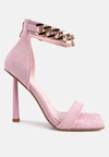 London Rag Last Sip Heeled Faux Suede Chain Strap Sandals In Pink