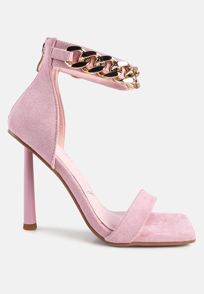 London Rag Last Sip Heeled Faux Suede Chain Strap Sandals In Pink