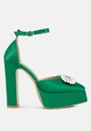 London Rag Maeissa Pearls Brooch Detail Platform Block Heel Sandals In Green