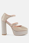 London Rag Shiver Rhinestones Embellished Platform Mary Jane Sandals In Beige