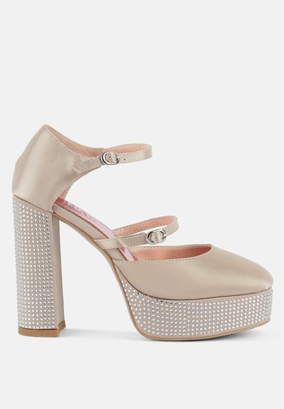 London Rag Shiver Rhinestones Embellished Platform Mary Jane Sandals In Beige