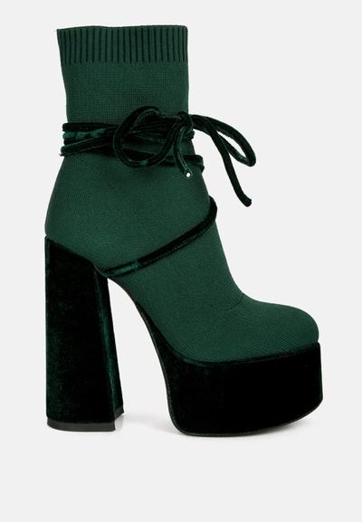 London Rag After Pay High Heeled Velvet Knitted Boot In Green