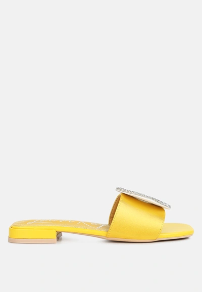 London Rag Ollilie Rhinestones Embellished Brooch Slip On Sandals In Yellow