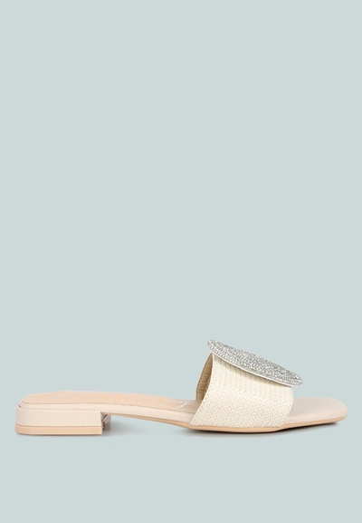 London Rag Ollilie Rhinestones Embellished Brooch Slip On Sandals In White