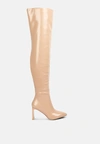 London Rag Minkles Patent Pu Long Slim Block Heeled Boots In Beige