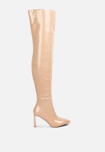 London Rag Minkles Patent Pu Long Slim Block Heeled Boots In Beige