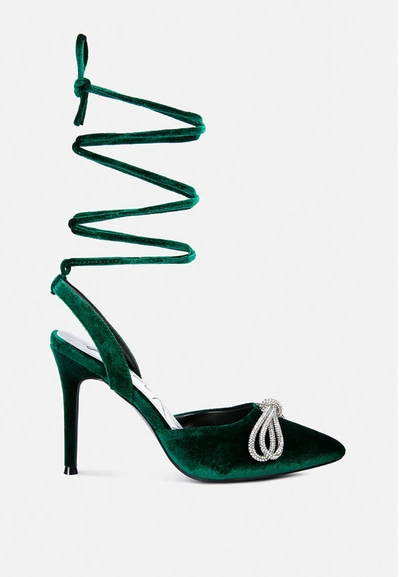 London Rag Big Treat High Heeled Jewel Velvet Mules In Green