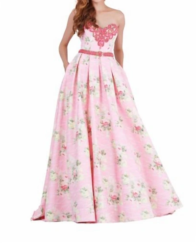 Angela & Alison Floral Printed Ballgown In Pink