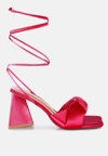 London Rag Pristine Knotted Satin Strap Triangular Block Heel Sandals In Pink