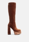 London Rag Lazuli High Block Heel Velvet Boot In Brown
