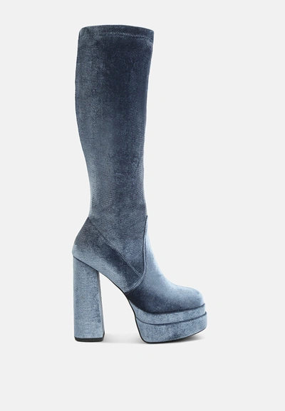 London Rag Lazuli High Block Heel Velvet Boot In Blue