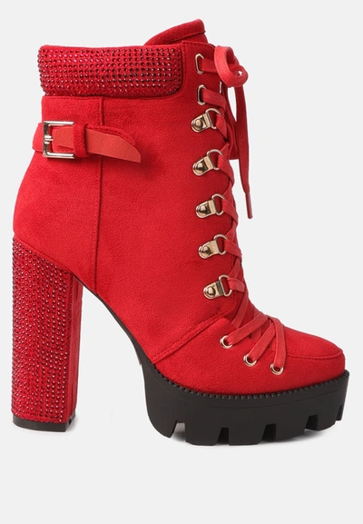 London Rag Birch Diamante Set Block Heeled Ankle Boot In Red