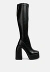 London Rag Fanning High Platfrom Block Heeled Long Boots In Black