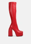 London Rag Fanning High Platfrom Block Heeled Long Boots In Red