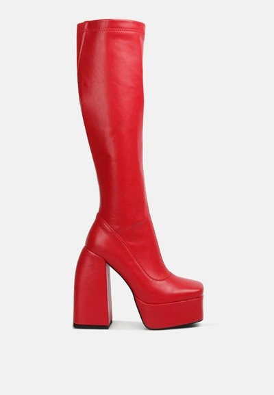 London Rag Fanning High Platfrom Block Heeled Long Boots In Red