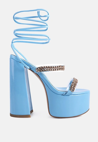 London Rag Indulgence Metal Chain Lace Up Chunky Sandals In Blue